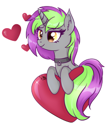 Size: 2084x2478 | Tagged: safe, artist:kitty_katastrophe, imported from derpibooru, oc, oc only, oc:frenzy nuke, pony, unicorn, collar, heart, simple background, solo, transparent background