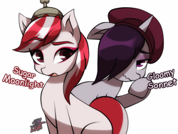 Size: 1600x1200 | Tagged: safe, artist:skylight, imported from derpibooru, sugar moonlight, earth pony, pony, unicorn, anti-mind reading cap, beatnik pony, beret, duo, duo female, female, floppy ears, g5, hat, mare, my little pony: a new generation, onyx, simple background, wavy mouth, white background