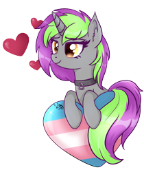 Size: 2084x2478 | Tagged: safe, artist:kitty_katastrophe, imported from derpibooru, oc, oc only, oc:frenzy nuke, pony, unicorn, collar, female, heart, mare, pride, pride flag, simple background, solo, transgender pride flag, transparent background