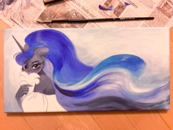 Size: 2048x1536 | Tagged: safe, artist:katputze, imported from derpibooru, princess luna, alicorn, anthro, clothes, female, flower, looking at you, mare, off shoulder, photo, solo, traditional art, wip