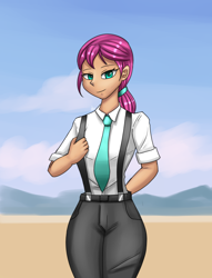 Size: 1300x1700 | Tagged: safe, artist:zachc, imported from derpibooru, sunny starscout, equestria girls, anime, anime style, equestria girls-ified, female, g5, g5 to equestria girls, looking at you, my little pony: a new generation, necktie, solo, suspenders