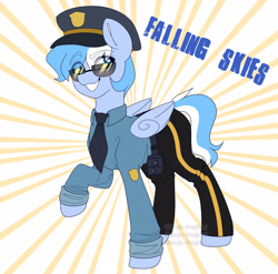 Size: 3102x3065 | Tagged: safe, artist:angie imagines, imported from derpibooru, oc, oc only, oc:falling skies, pegasus, pony, abstract background, folded wings, freckles, male, multicolored hair, necktie, pegasus oc, police hat, police officer, police uniform, rule 63, smug, solo, striped background, sunburst background, sunglasses, watermark, wings