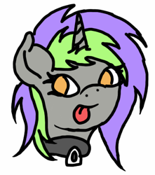 Size: 395x447 | Tagged: safe, artist:flutternom, imported from derpibooru, oc, oc only, oc:frenzy nuke, pony, unicorn, collar, simple background, solo, tongue out, white background