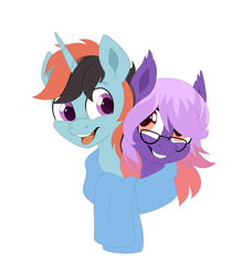 Size: 1751x1919 | Tagged: safe, artist:karzii, imported from derpibooru, oc, oc only, oc:aegis lance, alicorn, bat pony, hybrid, pegasus, pony, bust, clothes, couple, cute, female, freckles, glasses, male, pegabat, scarf, simple background, white background