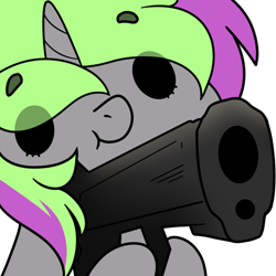 Size: 700x700 | Tagged: safe, artist:cottonsweets, imported from derpibooru, oc, oc only, oc:frenzy nuke, pony, unicorn, dot eyes, gun, simple background, solo, transparent background, weapon