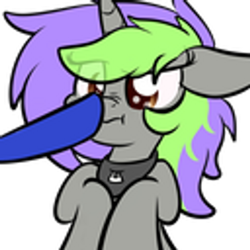 Size: 512x512 | Tagged: artist needed, safe, imported from derpibooru, oc, oc only, oc:frenzy nuke, pony, unicorn, boop, collar, scrunchy face, simple background, transparent background