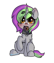 Size: 1000x1150 | Tagged: safe, artist:cottonsweets, imported from derpibooru, oc, oc only, oc:frenzy nuke, pony, unicorn, blushing, collar, cookie, food, simple background, solo, transparent background