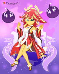 Size: 1594x2004 | Tagged: safe, artist:tabrony23, imported from derpibooru, sunset shimmer, equestria girls, beautiful, breasts, busty sunset shimmer, clothes, cosplay, costume, crossover, cute, female, genshin impact, high res, lidded eyes, looking at you, patreon, patreon logo, sandals, shoes, show accurate, sleeveless, slimes (genshin impact), smiling, solo, video game crossover, yae miko (genshin impact)