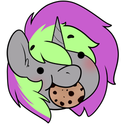 Size: 3000x3000 | Tagged: safe, artist:cottonsweets, imported from derpibooru, oc, oc only, oc:frenzy nuke, pony, unicorn, cookie, derp, emoji, food, simple background, solo, transparent background