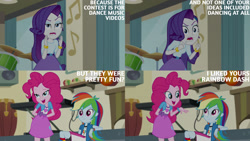 Size: 1280x720 | Tagged: safe, edit, edited screencap, editor:quoterific, imported from derpibooru, screencap, pinkie pie, rainbow dash, rarity, dance magic, equestria girls, spoiler:eqg specials, bracelet, clothes, cutie mark on clothes, female, hairpin, jewelry, open mouth, open smile, smiling, trio