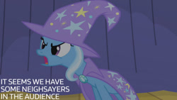 Size: 1280x720 | Tagged: safe, edit, edited screencap, editor:quoterific, imported from derpibooru, screencap, trixie, pony, unicorn, boast busters, season 1, cape, clothes, female, hat, mare, open mouth, solo, trixie's cape, trixie's hat