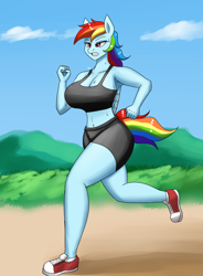 Size: 1400x1900 | Tagged: safe, artist:zachc, imported from derpibooru, rainbow dash, anthro, pegasus, belly button, big breasts, breasts, busty rainbow dash, clothes, converse, female, midriff, running, shoes, shorts, sneakers, solo, sports bra, sports shorts, sweat, tanktop