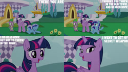 Size: 1280x720 | Tagged: safe, edit, edited screencap, editor:quoterific, imported from derpibooru, screencap, minuette, spike, twilight sparkle, alicorn, dragon, pony, unicorn, amending fences, season 5, eyes closed, female, male, mare, open mouth, open smile, smiling, twilight sparkle (alicorn)