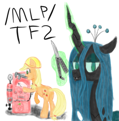 Size: 1000x1016 | Tagged: safe, artist:purppone, imported from derpibooru, applejack, queen chrysalis, earth pony, pony, /mlp/, /mlp/ tf2 general, butt, butterfly knife, dispenser, engiejack, engineer, female, imminent death, knife, levitation, magic, mare, mouth hold, plot, spy, team fortress 2, telekinesis, wrench