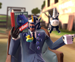 Size: 1500x1229 | Tagged: safe, imported from derpibooru, princess luna, /mlp/, /mlp/ tf2 general, 3d, balloon, balloonicorn, chair, cup, marevest, sitting, spy, team fortress 2