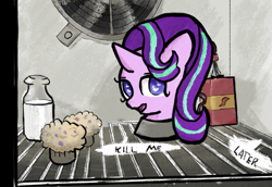 Size: 1969x1354 | Tagged: artist needed, safe, imported from derpibooru, starlight glimmer, pony, /mlp/ tf2 general, dialogue, disembodied head, food, meet the spy, milk, muffin, refrigerator, team fortress 2