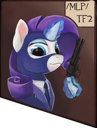 Size: 800x1049 | Tagged: artist needed, safe, imported from derpibooru, rarity, pony, unicorn, /mlp/, /mlp/ tf2 general, balaclava, crossover, gun, handgun, magic, rarispy, revolver, spy, team fortress 2, telekinesis