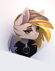 Size: 2370x3025 | Tagged: safe, artist:n_thing, imported from derpibooru, oc, oc only, oc:tlen borowski, pegasus, black eyeshadow, bust, cheek fluff, clothes, collar, collar ring, ear piercing, earring, eyebrow slit, eyebrows, eyebrows visible through hair, eyelashes, eyeshadow, female, high res, jacket, jewelry, leather jacket, looking at you, makeup, mare, pegasus oc, piercing, solo, two toned mane, wings