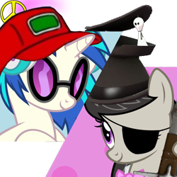 Size: 720x720 | Tagged: safe, imported from derpibooru, dj pon-3, octavia melody, vinyl scratch, /mlp/ tf2 general, demoknight, demoman, eyepatch, ghostly gibus, simple background, sneed, team fortress 2, transparent background, unusual hat