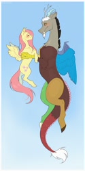 Size: 2000x4000 | Tagged: safe, artist:shchavel, imported from derpibooru, discord, fluttershy, draconequus, pegasus, pony, blue background, blushing, chest fluff, commission, duo, ear fluff, eyes closed, female, flying, gradient background, height difference, high res, holding a pony, looking at each other, looking at someone, male, mare, simple background, size difference, slim, small wings, smiling, sternocleidomastoid, thin, wings