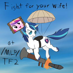 Size: 1000x1000 | Tagged: safe, artist:purppone, imported from derpibooru, princess cadance, shining armor, pony, unicorn, /mlp/, /mlp/ tf2 general, conscientious objector, parachute, rocket, rocket launcher, soldier, solo, team fortress 2