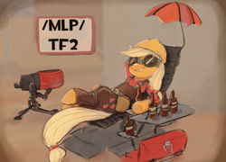 Size: 2928x2103 | Tagged: artist needed, safe, imported from derpibooru, applejack, earth pony, pony, /mlp/, /mlp/ tf2 general, engiejack, engineer, female, goggles, mare, rancho relaxo, relaxing, sentry, team fortress 2