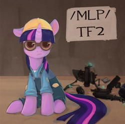 Size: 1410x1391 | Tagged: artist needed, safe, imported from derpibooru, twilight sparkle, pony, unicorn, /mlp/, /mlp/ tf2 general, crossover, engineer, female, goggles, mare, sentry, team fortress 2, unicorn twilight