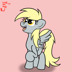 Size: 2000x2000 | Tagged: safe, artist:dafiltafish, imported from derpibooru, derpy hooves, pegasus, pony, female, food, high res, hooves, mare, muffin, open mouth, open smile, pink background, raised hoof, shadow, simple background, smiling, solo, spread wings, tail, three quarter view, wings