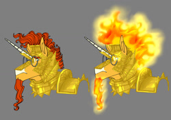 Size: 1280x898 | Tagged: safe, artist:d3pressedr4inbow, imported from derpibooru, sunburst, pony, unicorn, armor, bust, glasses, gray background, helmet, male, mane of fire, simple background, solo, stallion