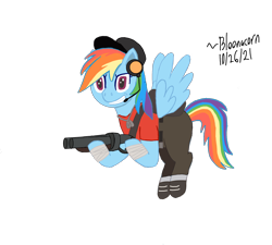 Size: 2000x1800 | Tagged: safe, artist:bloonacorn, imported from derpibooru, rainbow dash, pegasus, pony, /mlp/ tf2 general, crossover, female, gun, mare, rainbow scout, scattergun, scout, simple background, solo, team fortress 2, transparent background