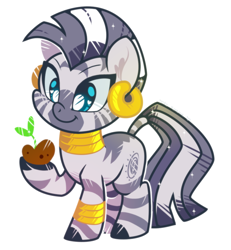 Size: 814x882 | Tagged: safe, artist:yokokinawa, imported from derpibooru, zecora, zebra, bracelet, chibi, cute, ear piercing, earring, female, food, jewelry, neck rings, piercing, potato, raised hoof, simple background, solo, white background, white pupils, zecorable