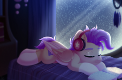 Size: 2000x1320 | Tagged: safe, artist:dinoalpaka, imported from derpibooru, oc, oc only, oc:bulwark, pegasus, pony, book, coat markings, colored wings, commission, dreamcatcher, eyes closed, female, headphones, lying, mare, night, pale belly, rain, short mane, short tail, socks (coat markings), solo, tail, two toned wings, window, wings