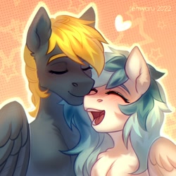 Size: 2000x2000 | Tagged: safe, artist:fenwaru, imported from derpibooru, oc, oc only, oc:osteen, oc:peacher, pegasus, pony, eyes closed, happy, hug, open mouth, peachsteen, wings