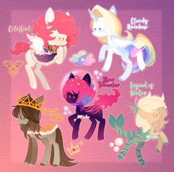 Size: 1024x1012 | Tagged: safe, artist:miioko, imported from derpibooru, oc, oc only, alicorn, earth pony, original species, pegasus, pony, shark, shark pony, alicorn oc, clothes, crown, earth pony oc, horn, jewelry, multicolored hair, pegasus oc, rainbow hair, raised hoof, rearing, regalia, wings