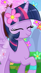 Size: 1080x1920 | Tagged: safe, artist:sallyso, imported from derpibooru, twilight sparkle, alicorn, pony, eyelashes, eyes closed, female, flower, flower in hair, mare, outdoors, smiling, twilight sparkle (alicorn)