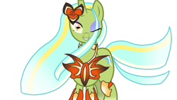 Size: 1280x720 | Tagged: safe, artist:sallyso, imported from derpibooru, oc, oc only, pony, unicorn, armor, female, grin, horn, mare, one eye closed, smiling, solo, unicorn oc, wink