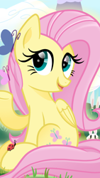 Size: 1080x1920 | Tagged: safe, artist:sallyso, imported from derpibooru, fluttershy, insect, ladybug, pony, cute, eyelashes, female, mare, outdoors, raised hoof, shyabetes, sitting, smiling, solo, underhoof