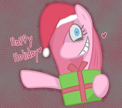 Size: 1211x1071 | Tagged: safe, artist:garammasara, imported from derpibooru, pinkie pie, earth pony, pony, bust, christmas, emanata, female, gritted teeth, hair over one eye, happy holidays, hat, heart, holiday, looking at you, mare, pinkamena diane pie, present, santa hat, smiling, smiling at you, solo