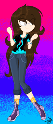 Size: 258x596 | Tagged: safe, artist:yulianapie26, imported from derpibooru, oc, oc only, equestria girls, abstract background, base used, clothes, eye clipping through hair, gradient background, pants, shoes, signature, smiling, solo