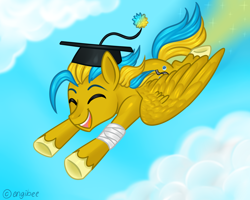 Size: 5000x4000 | Tagged: safe, artist:kaikururu, imported from derpibooru, oc, oc only, pegasus, pony, cloud, flying, graduation cap, hat, male, outdoors, pegasus oc, solo, stallion, underhoof, wings