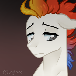 Size: 500x500 | Tagged: safe, artist:kaikururu, imported from derpibooru, oc, oc only, pony, bust, frown, male, multicolored hair, rainbow hair, solo, stallion