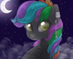 Size: 5000x4000 | Tagged: safe, alternate version, artist:kaikururu, imported from derpibooru, oc, oc only, pegasus, pony, bust, crescent moon, eyelashes, moon, multicolored hair, night, outdoors, pegasus oc, rainbow hair, stars, wings