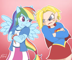 Size: 1196x1000 | Tagged: safe, artist:garammasara, imported from derpibooru, rainbow dash, human, equestria girls, bust, crossed arms, crossover, dc superhero girls, duo, female, four ears, gradient background, looking at each other, looking at someone, mare, ponied up, signature, supergirl, wings