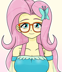 Size: 640x740 | Tagged: safe, artist:batipin, imported from derpibooru, fluttershy, equestria girls, breasts, cleavage, cute, female, glasses, looking at you, shyabetes, solo