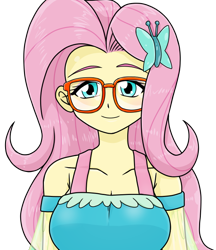 Size: 640x740 | Tagged: safe, artist:batipin, imported from derpibooru, fluttershy, equestria girls, breasts, cleavage, cute, female, glasses, looking at you, shyabetes, simple background, solo, transparent background