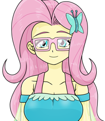 Size: 640x740 | Tagged: safe, alternate version, artist:batipin, imported from derpibooru, fluttershy, equestria girls, breasts, cleavage, cute, female, glasses, looking at you, shyabetes, simple background, solo, transparent background