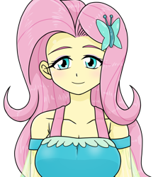 Size: 640x740 | Tagged: safe, alternate version, artist:batipin, imported from derpibooru, fluttershy, equestria girls, breasts, cleavage, cute, female, looking at you, shyabetes, simple background, solo, transparent background