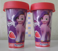 Size: 1632x1440 | Tagged: safe, imported from derpibooru, pipp petals, pegasus, pony, cup, cyrillic, food, g5, irl, looking at you, merchandise, my little pony: a new generation, official, photo, rastishka, russia, russian, spread wings, strawberry, wings, yoghurt