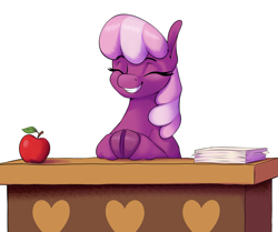 Size: 1965x1643 | Tagged: safe, artist:aquaticvibes, imported from derpibooru, cheerilee, earth pony, pony, apple, cheeribetes, cute, eyes closed, female, food, grin, mare, paper, shading, simple background, smiling, solo, white background