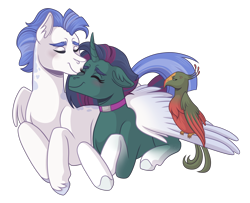 Size: 3200x2600 | Tagged: safe, artist:kikirdcz, imported from derpibooru, oc, oc only, oc:amelia, oc:icarus, bird, pegasus, pony, unicorn, female, lying down, male, mare, prone, simple background, stallion, transparent background